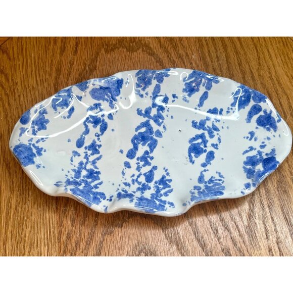 Bybee Pottery Blue and White Spongeware Small  Ruffled  Oval Serving Plate  Sign - Picture 1 of 15